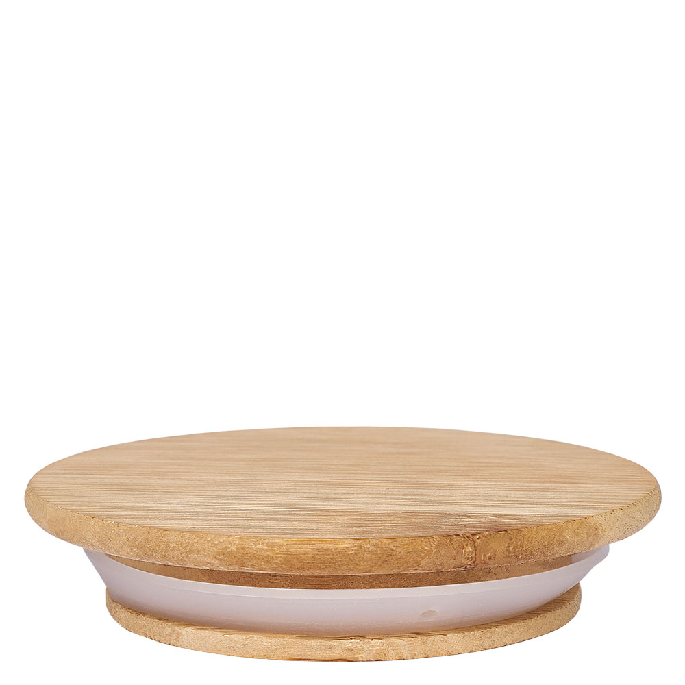 Coperchio in legno versione "A" per WECK RR80 Il coperchio in legno RR80 di WECK mostra le venature naturali del legno e l'anello di tenuta in silicone bianco per una chiusura ermetica.