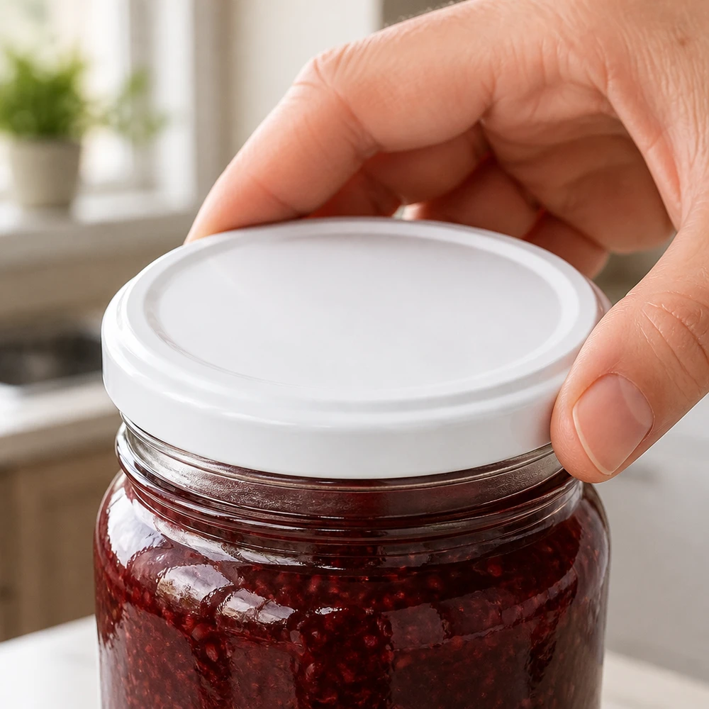 TO43 BioSeal Twist-Off Deckel weiss verschliesst Glas mit roter Konfitüre