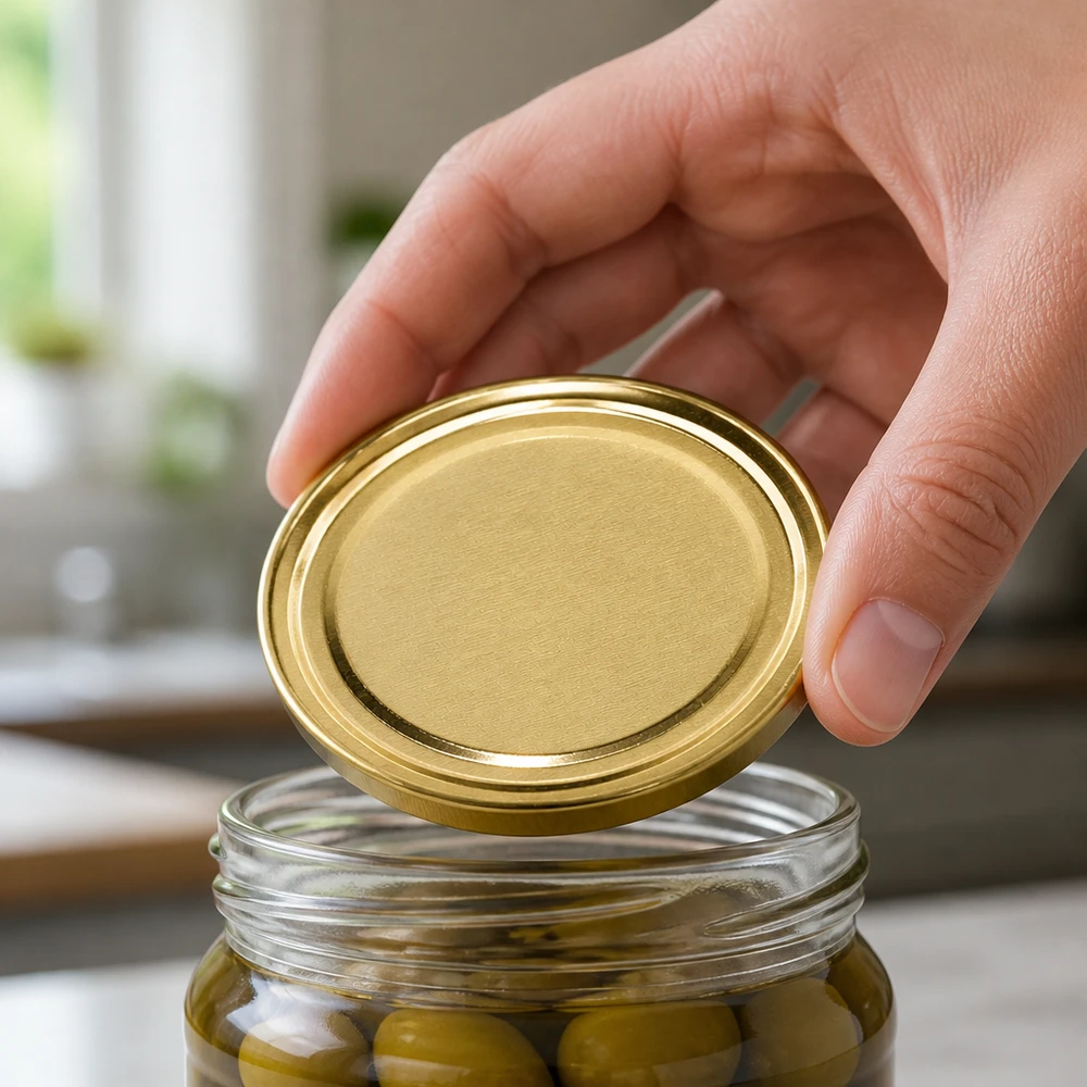 Goldener Twist-Off-Deckel TO82 über geöffnetem Einmachglas mit grünen Oliven BPA-NI