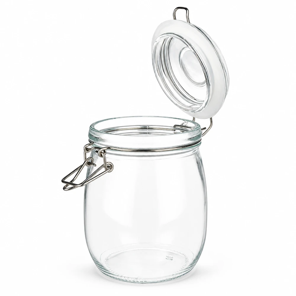 750ml Vorratsglas mit Silikonring und Bügelverschluss UNiTWIST Barattolo trasparente da 750 ml con manico in metallo e guarnizione in gomma per una conservazione sicura.