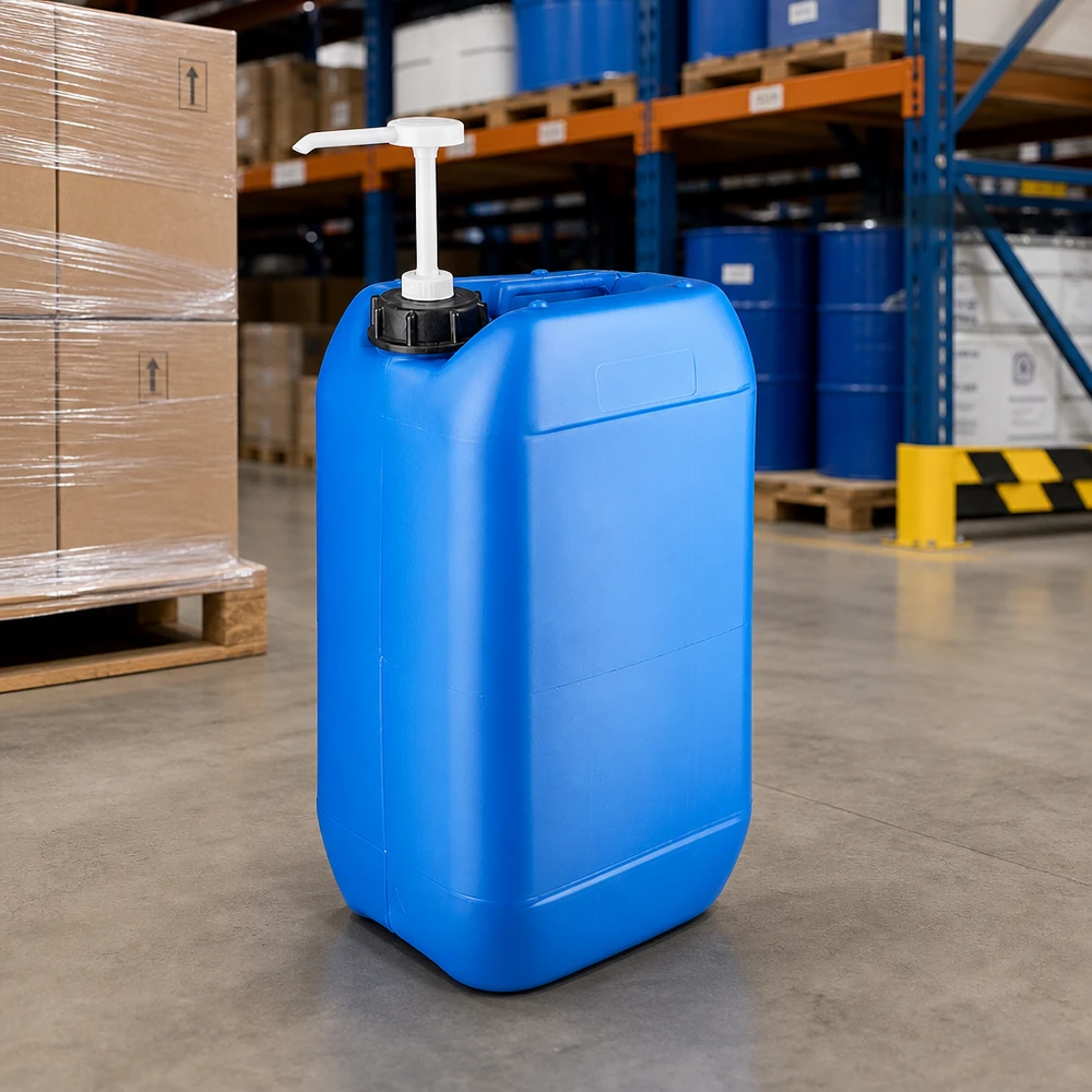 Bidon de 15 litres bleu avec pompe doseuse Bidon robuste en PEHD bleu de 15 litres, muni d'un bec verseur et d'une pompe doseuse, disponible en entrepôt