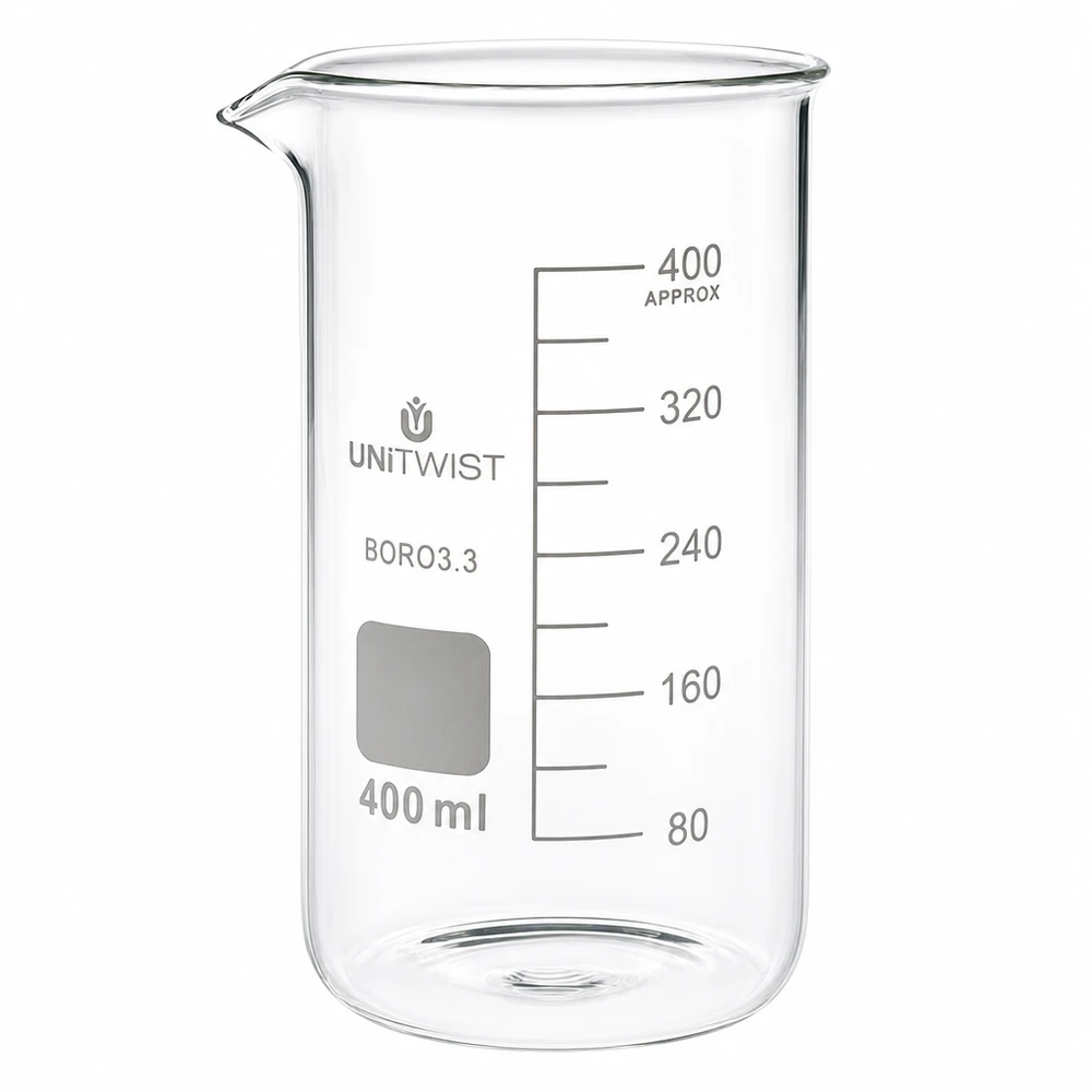 Bicchiere 400ml borosilicato, stampo alto UNITWIST Bicchiere da laboratorio da 400 ml, modello alto, in vetro borosilicato 3.3 con scala graduata in millilitri di UNITWIST
