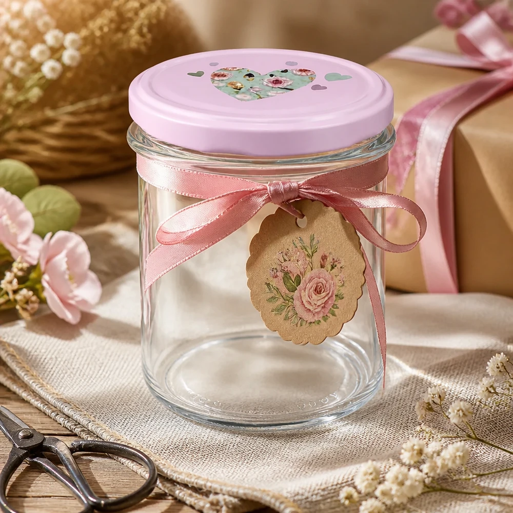 350ml Sturzglas + BasicSeal Deckel Herz rosa UNiTWIST 350ml Sturzglas rosa Herzdeckel dekoriert Geschenkband Blumen DIY Basteln Dekoration Einmachglas