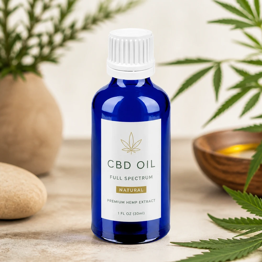 Flacone contagocce compatto da 50 ml in blu per la conservazione dell'olio di CBD con coperchio bianco a prova di bambino