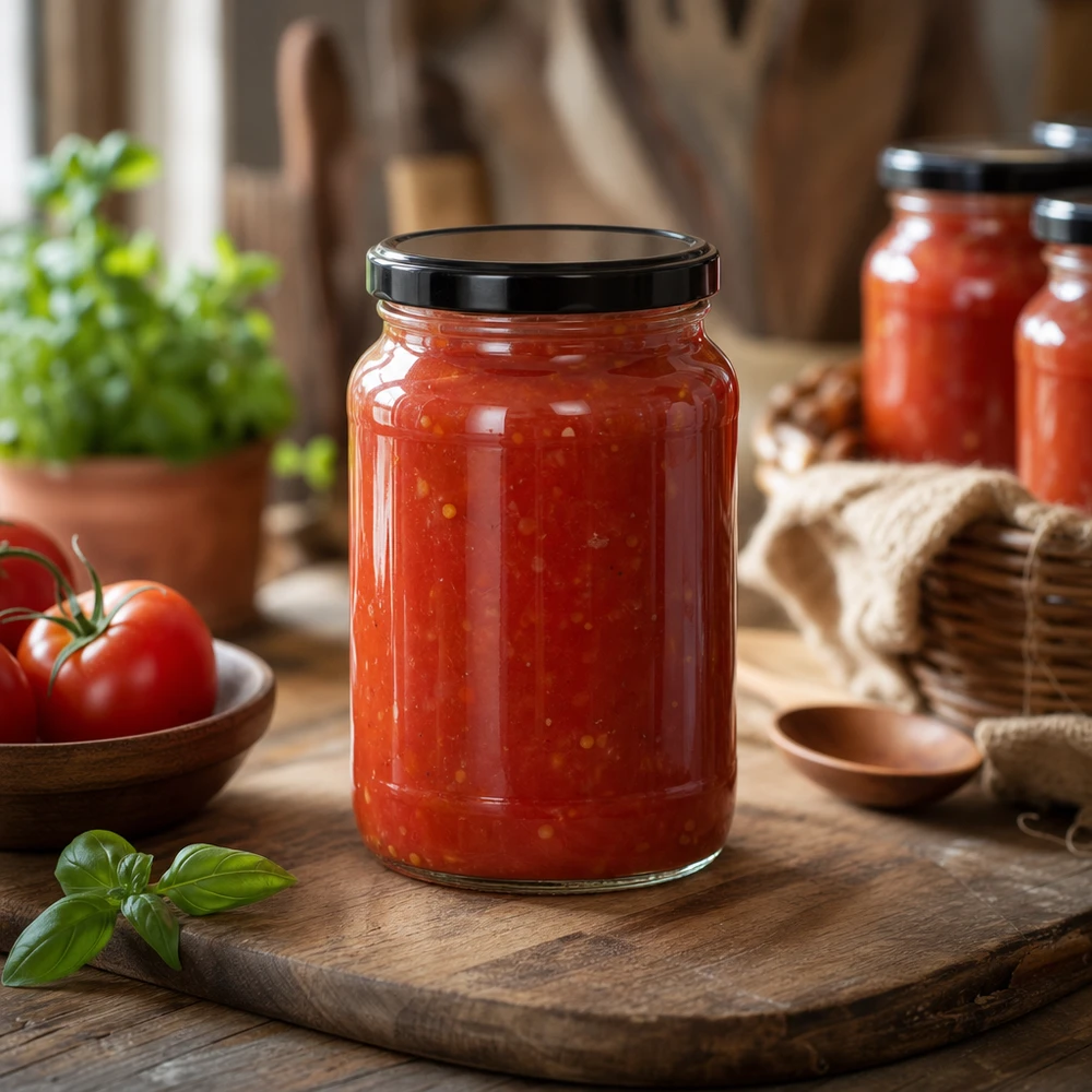 1700ml Rundglas mit BasicSeal Deckel schwarz UNiTWIST Tomatensauce in 1700ml Rundglas schwarzer BasicSeal Deckel Holzbrett Küche rustikale Atmosphäre Konservenglas