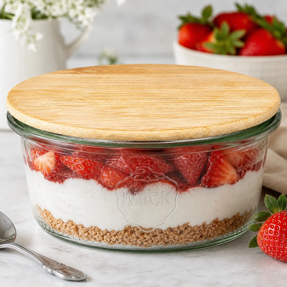 165ml Sturzglas WECK RR80 mit Holzdeckel WECK Sturzglas RR80 165ml mit Bambusdeckel als Dessertglas für Erdbeer-Schichtdessert in Küchenambiente