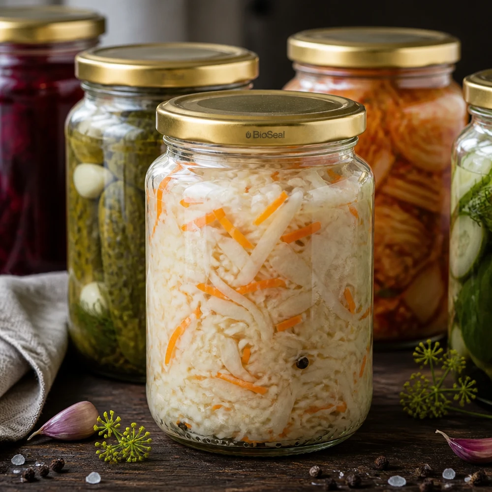 UNiTWIST Runda382 barattolo pieno di verdure sottaceto, coperchio dorato TO66 BioSeal, fermentazione e conservazione