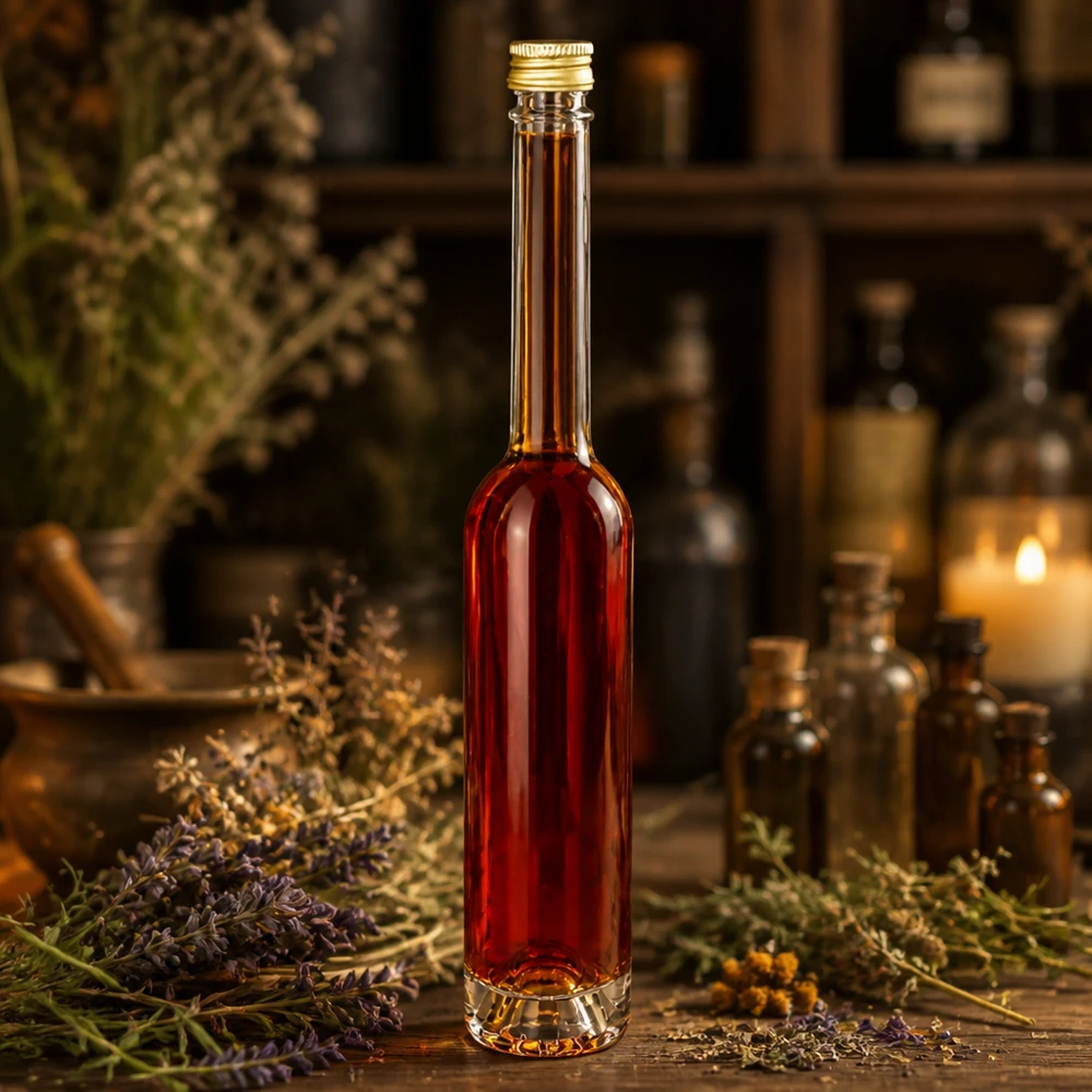Bottiglia in vetro da 100 ml Toni con tappo a vite argento UNiTWIST® Bottiglia di vetro da 100 ml Toni riempita con liquido rosso in un ambiente di erbe - tappo dorato UNiTWIST