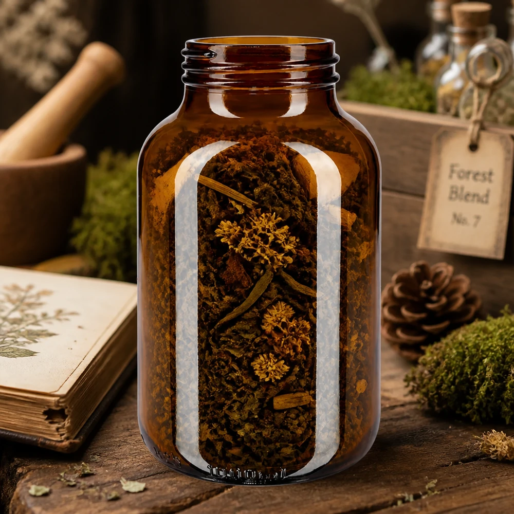 Bocal à col large en verre ambré 1000 ml, goulot DIN 68, sans couvercle Grande bouteille en verre brun 1000ml avec col extra large idéale pour les herbes et les plantes séchées