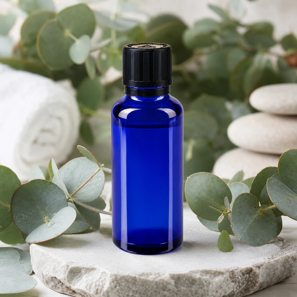 Flacon de pharmacie bleu cobalt de 30 ml avec bouchon KiSi noir, posé sur une pierre naturelle parfumée à l'eucalyptus