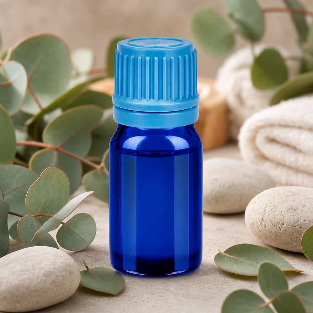 Robusto flacone da 5 ml in vetro blu con sistema di chiusura ermetica per una lunga durata di conservazione