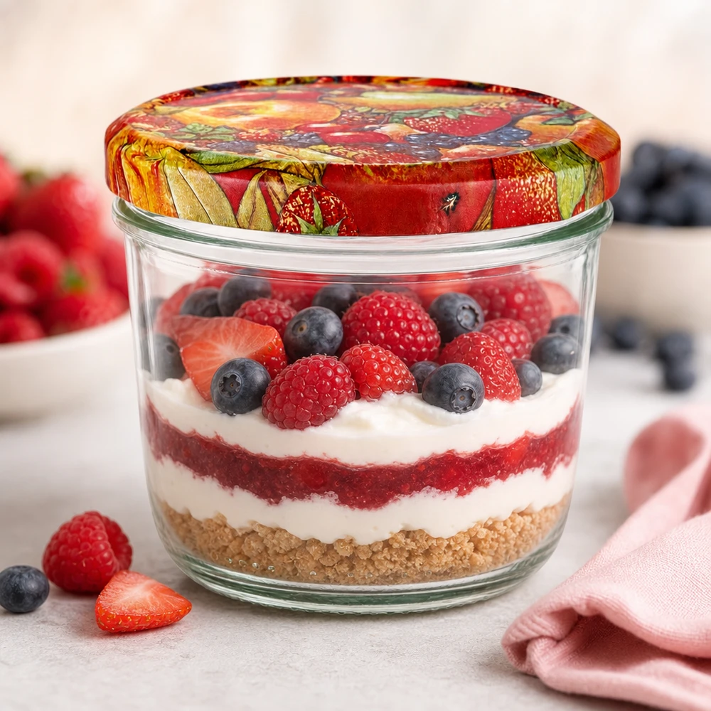 Bicchieri da 230 ml con coperchio BasicSeal con decoro di frutta, riempiti con un dessert a strati di frutti di bosco, crema e base di biscotto.