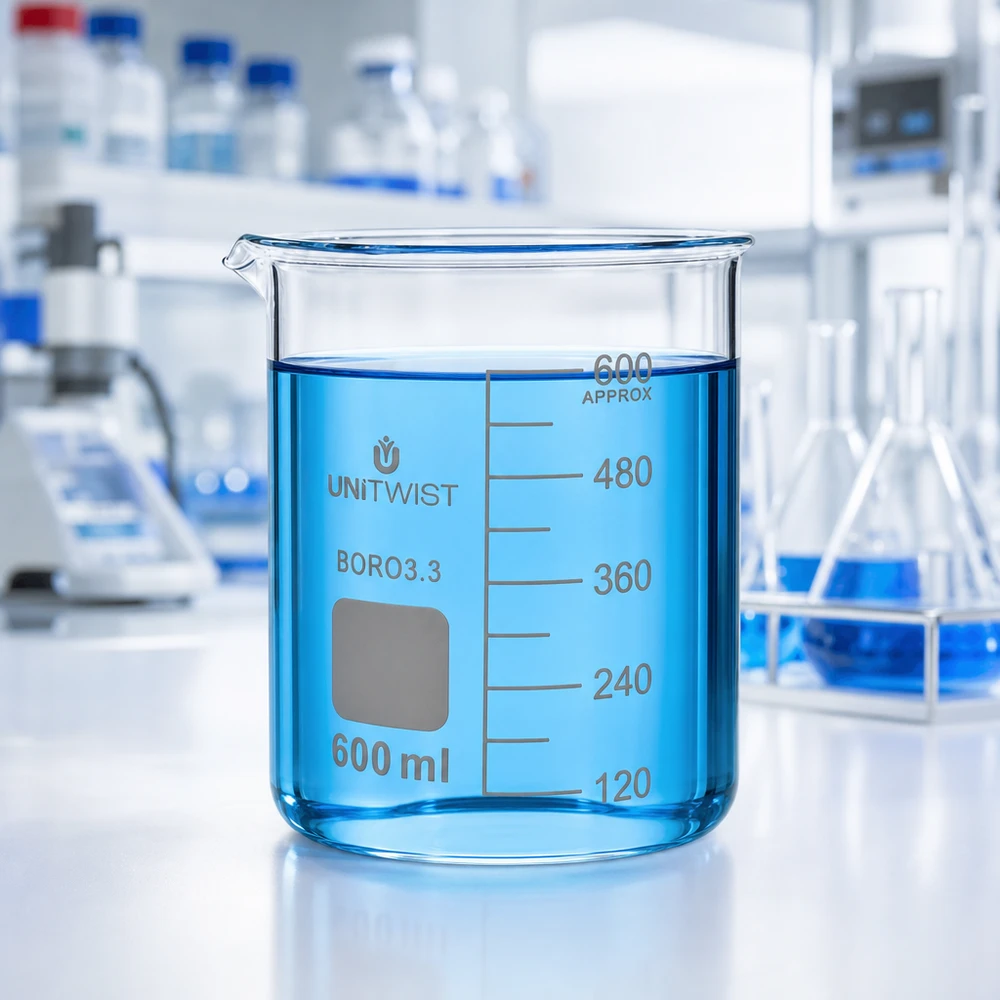 Bicchiere da 600 ml in borosilicato, stampo basso UNiTWIST Bicchiere da laboratorio UNiTWIST da 600 ml in vetro borosilicato, riempito in laboratorio con un liquido blu fino a 480 ml