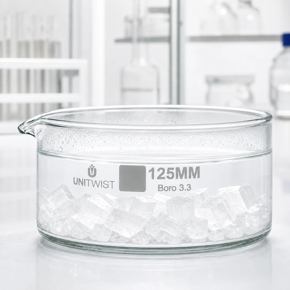 Cristallisoir ø125mm verre borosilicaté UNiTWIST Coupelle de cristallisation de 125 mm en verre borosilicaté, remplie de glaçons, dans le kit de laboratoire UNiTWIST
