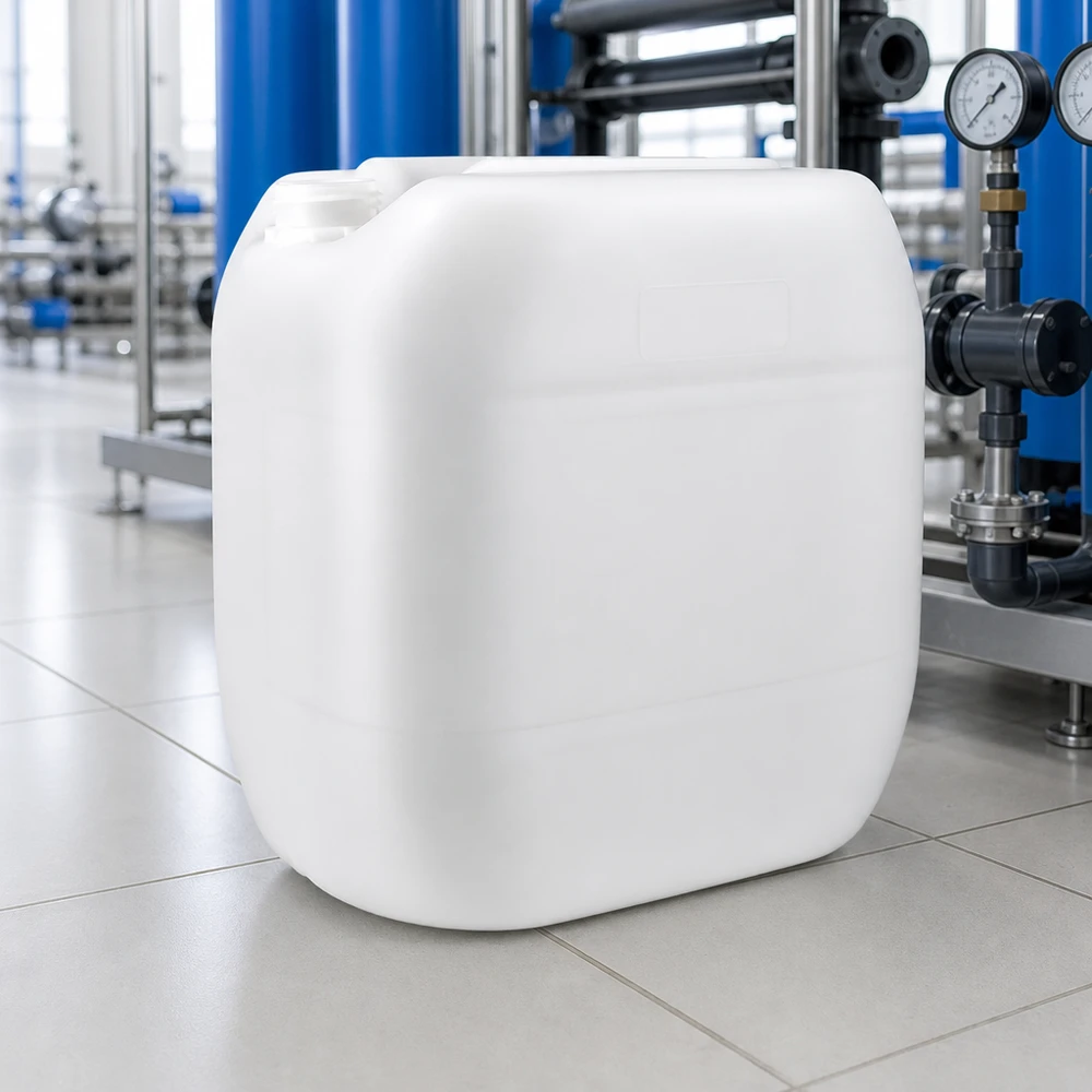 Jerrican de 30 litres sans bouchon Bidon empilable de 30 litres sans bouchon, en plastique blanc adapté au contact alimentaire