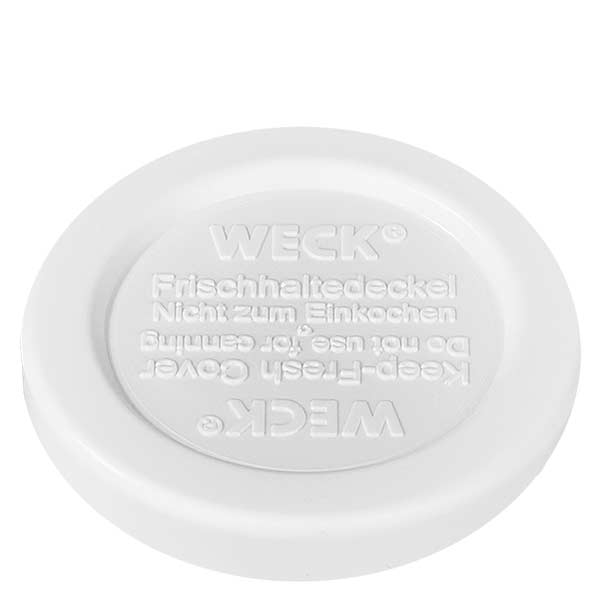Barattolo a tulipano da 75 ml con coperchio salvafreschezza WECK RR40 Coperchio WECK freshness bianco RR40 vista in dettaglio con scritta in rilievo per barattolo cilindrico da 145 ml Coperchio di ricambio