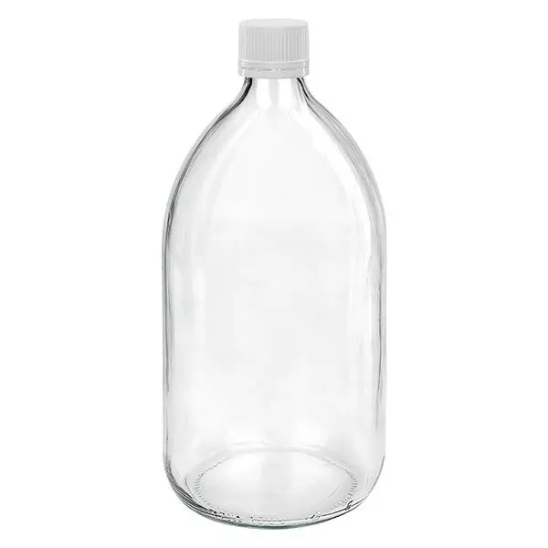 Flacone per medicinali da 1000ml trasparente, tappo bianco/fine con tappo originale Flacone per medicinali da 1000ml trasparente, tappo bianco/fine con tappo originale