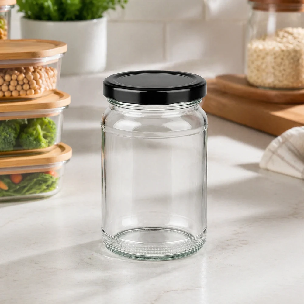 Bicchiere rotondo UNiTWIST 110ml in cucina moderna su piano di lavoro con vasi di stoccaggio sullo sfondo