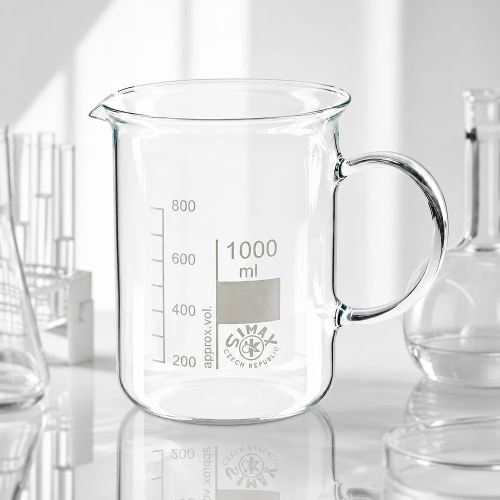 Bicchiere da 1000 ml in vetro borosilicato, con impugnatura Bicchiere di vetro vuoto da 1000 ml con manico e beccuccio su sfondo bianco