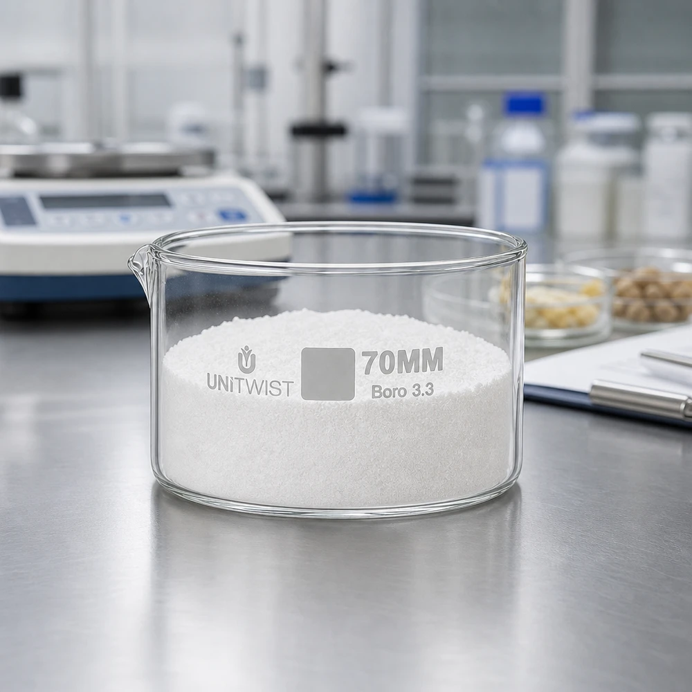 Vaschetta di cristallizzazione UNiTWIST da 70 mm in Boro 3.3, riempita di polvere bianca, su un tavolo da laboratorio in acciaio inossidabile
