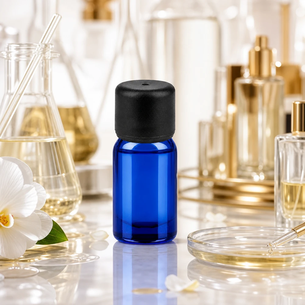 Elegante flacone in vetro blu da 5 ml con design ergonomico per una facile manipolazione e conservazione.