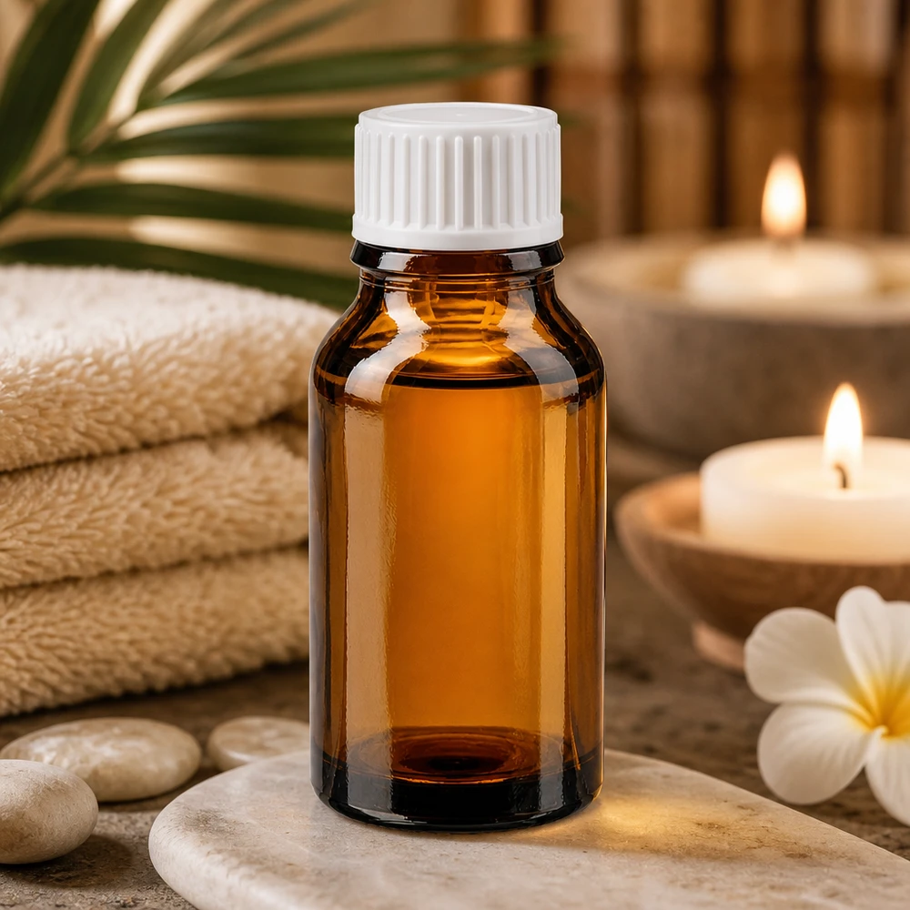 Braune Tropfflasche 15ml mit weißem Schraubverschluss auf Marmor mit Kerzen und Bambushintergrund