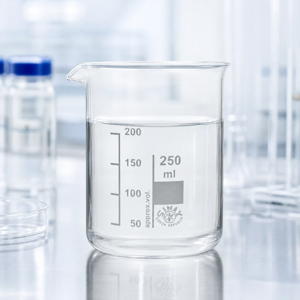 Bicchiere 250ml in vetro borosilicato, forma bassa Bicchiere trasparente da 250 ml in robusto vetro borosilicato per misurazioni precise in laboratorio e in cucina