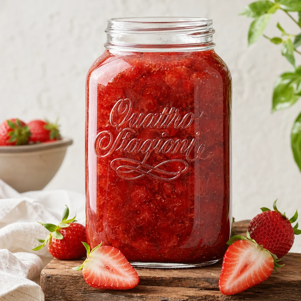Quattro Stagioni vaso domestico da 3800 ml riempito di marmellata di fragole rosse, circondato da fragole fresche su una tavola di legno