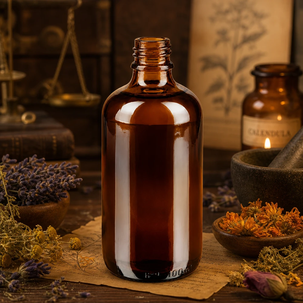 Flacone farmaceutico ambrato da 100 ml ApoGlas Bottiglia da farmacia marrone da 100 ml ApoGlas con erbe medicinali essiccate e mortaio in farmacia erboristica tradizionale