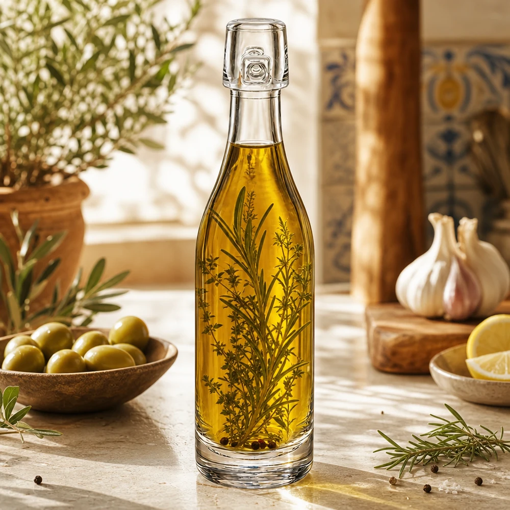 Bottiglia in vetro da 50 ml senza tappo UNiTWIST Bottiglia in vetro da 50 ml UNiTWIST con olio d'oliva ed erbe aromatiche Cucina mediterranea Olive Aglio Rosmarino Decorazione