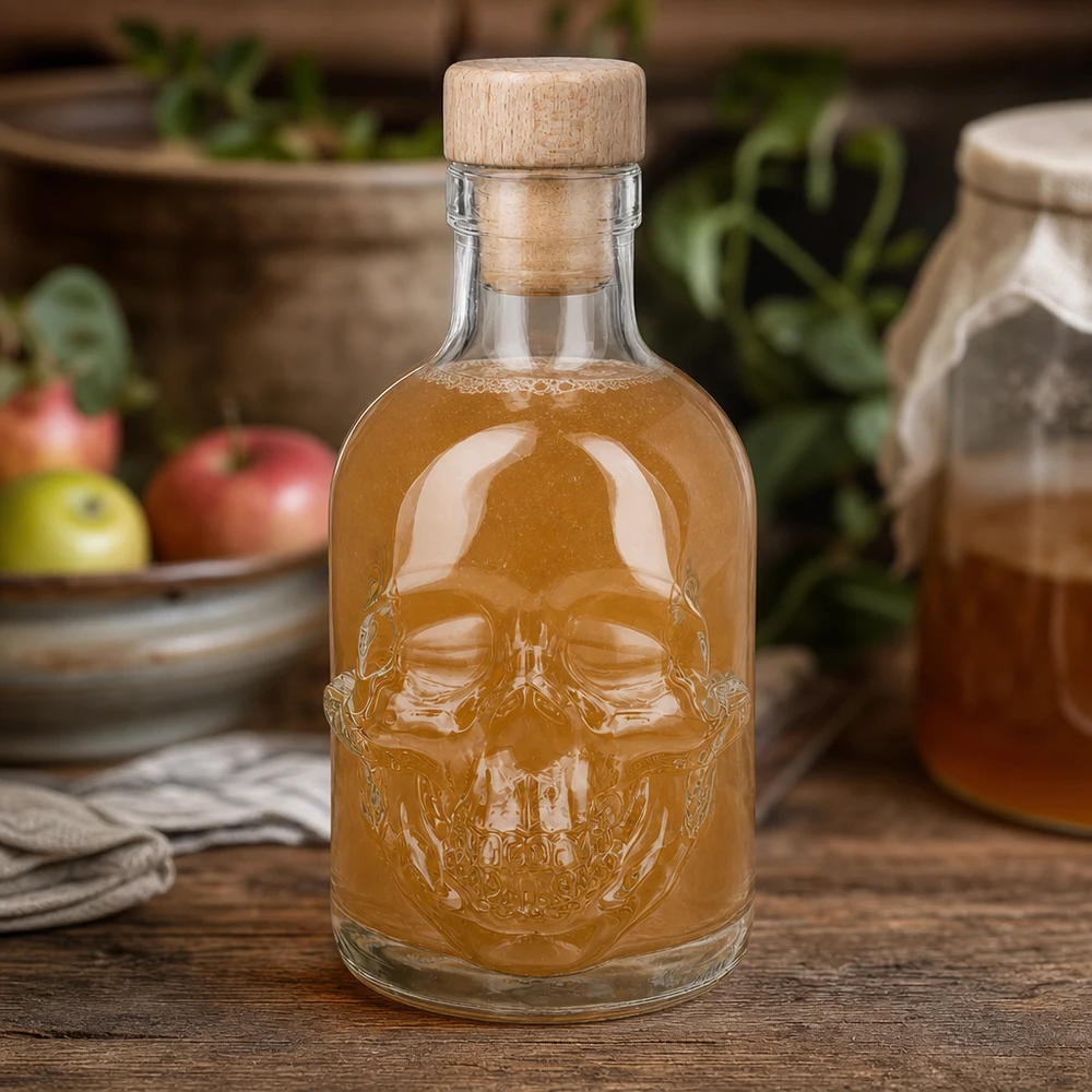 Bottiglia in vetro da 200 ml Jack con tappo in sughero con impugnatura in legno UNiTWIST® Bottiglia di vetro Jack Skull da 200 ml con riempimento ambrato in un ambiente di cucina con mele e vasi di erbe.