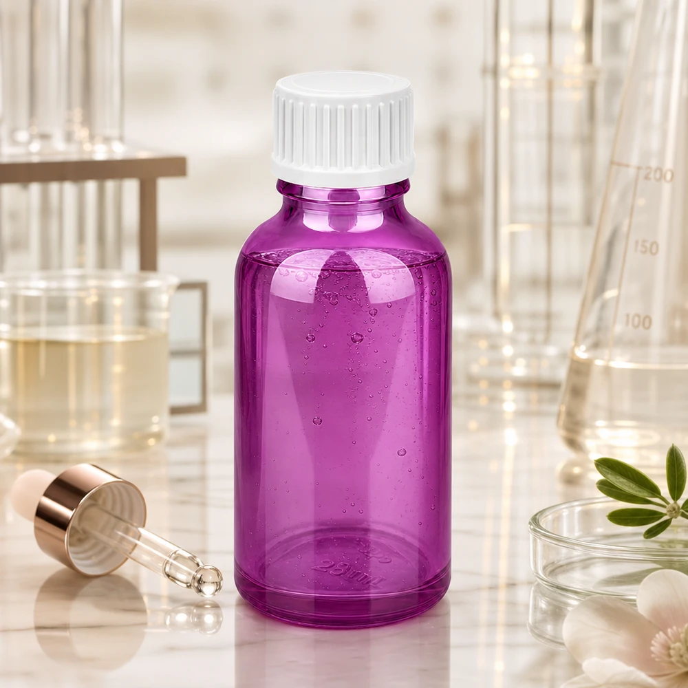 30ml (Globuli)Flasche.. 3mm Giessring weiß Standard PurpleLine. UT18/30 Handliche Glasflasche 30ml in leuchtendem Lila für DIY Hautpflege und Seren