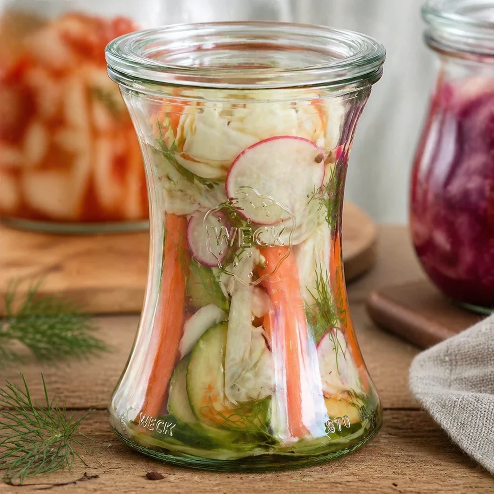 Il barattolo per salumi WECK da 370 ml RR80, riempito con verdure sottaceto e aneto, mostra l'uso versatile per le conserve