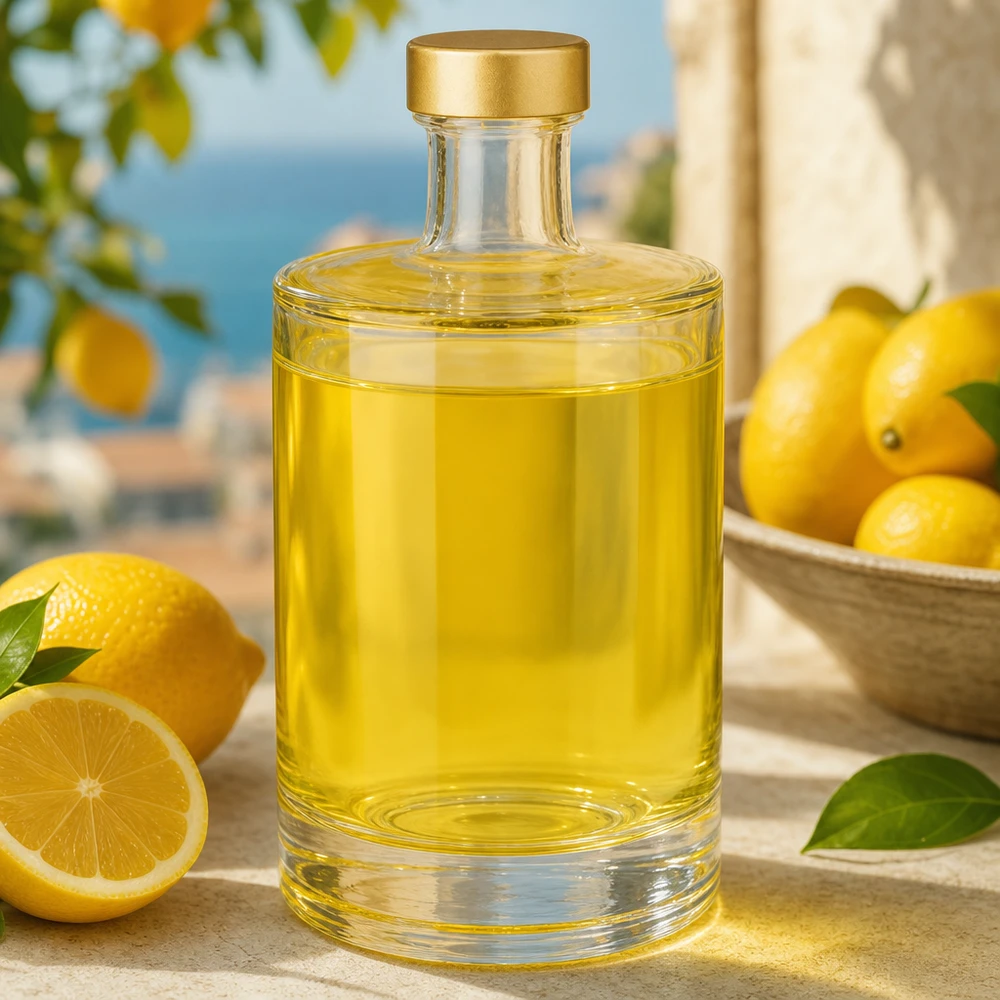 Bottiglia di vetro da 500 ml Sam riempita di liquido giallo accanto a limoni Ambiente mediterraneo UNiTWIST tappo oro