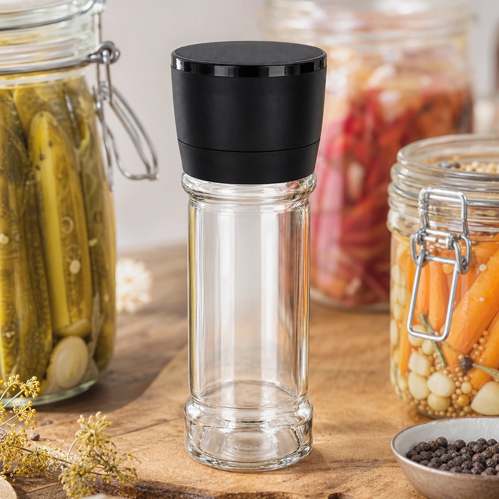 Pot à sel/épices 100 ml avec moulin Vario noir Kleine Gewürzmühle 100ml Vario in Schwarz-Transparent neben Pfeffer und Einmachgläsern