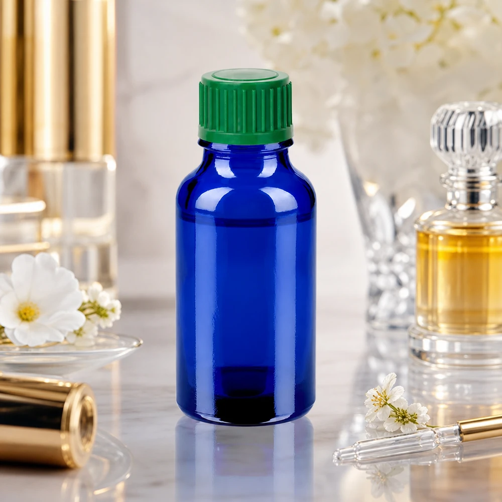 Flacone contagocce da 20 ml 0,8 mm verde STD BlueLine UT18/20 Flacone contagocce da 20 ml con vetro blu a protezione della luce per mantenere la stabilità delle sostanze sensibili
