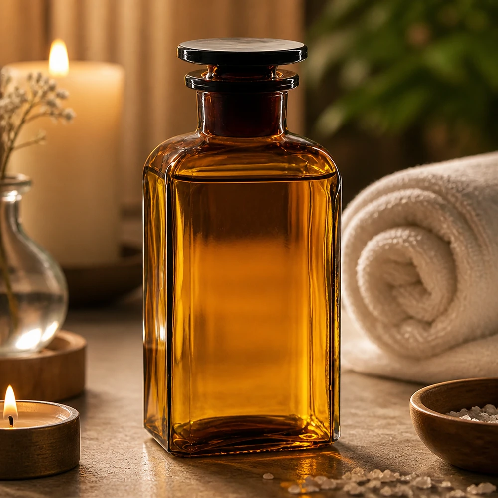 Bottiglia quadrata 250ml marrone con collo largo e tappo in vetro Bottiglia di vetro marrone da 250 ml, di forma quadrata, con tappo, per oli essenziali e aromaterapia