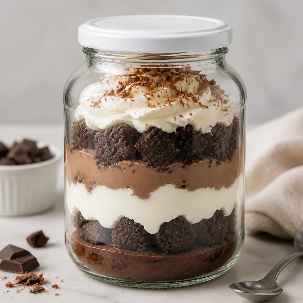 Barattolo ovale UNiTWIST da 370 ml con coperchio BasicSeal bianco, ripieno di tiramisù al cioccolato, perfetto per le porzioni.