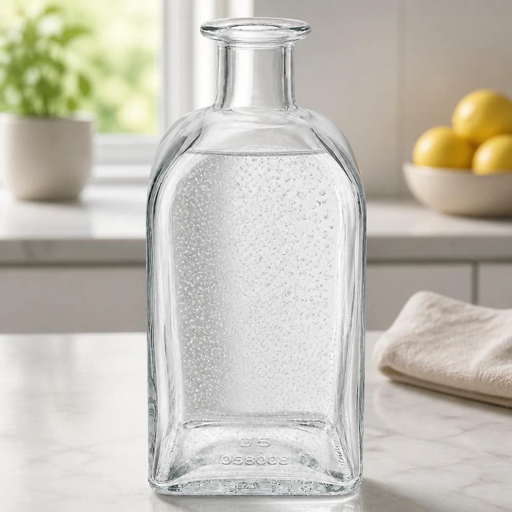 Flacone farmaceutico da 500 ml Julia senza tappo UNiTWIST® Bottiglia di vetro Julia da 500 ml in cucina moderna su bancone di marmo con gocce d'acqua e luce naturale