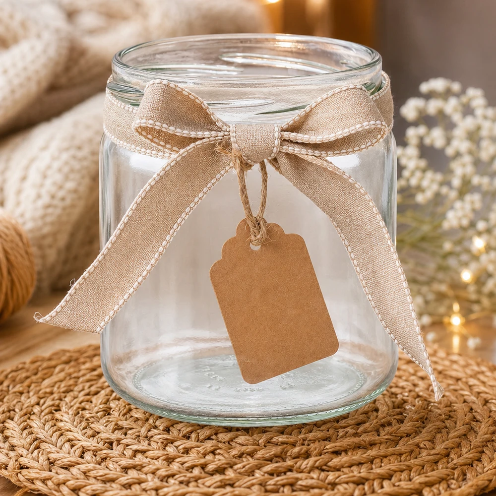 UNiTWIST Runda408 Rundglas 408ml TO82 dekorativ mit Schleifenband und Anhänger als Geschenkverpackung auf Flechtmatte
