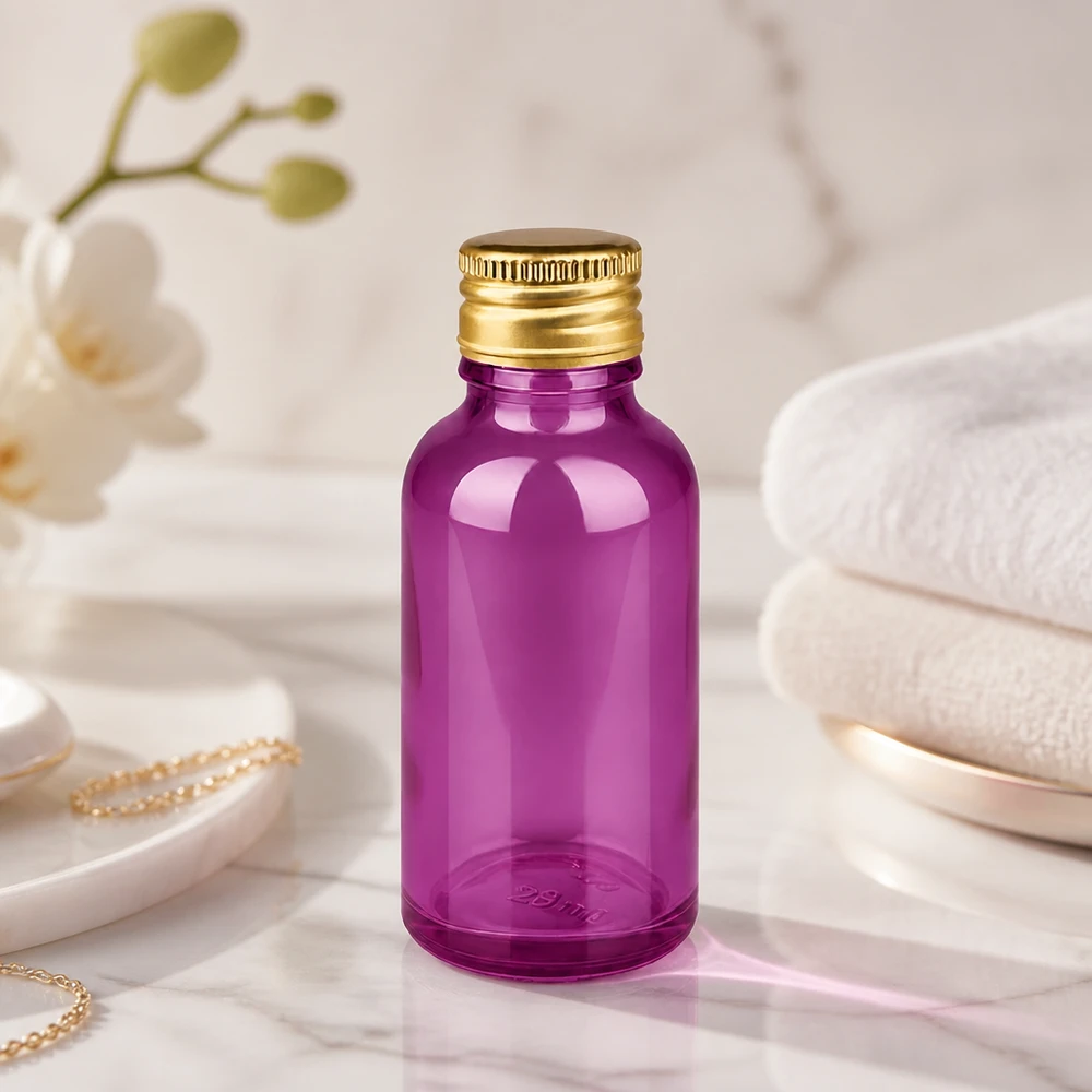 30ml Flasche 11mm Schraubverschluss Alu-Gold Standard PurpleLine. UT18/30 30ml Premium Glasflasche in Purple mit spiegelglänzendem Gold-Deckel für luxuriöse Produktpräsentation