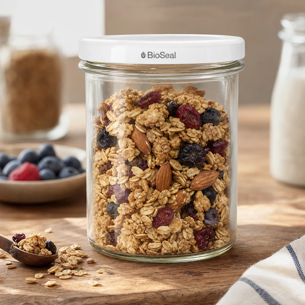 Il barattolo UNiTWIST Sturz350 riempito di muesli mostra il pratico uso in cucina del coperchio bianco TO82 BioSeal