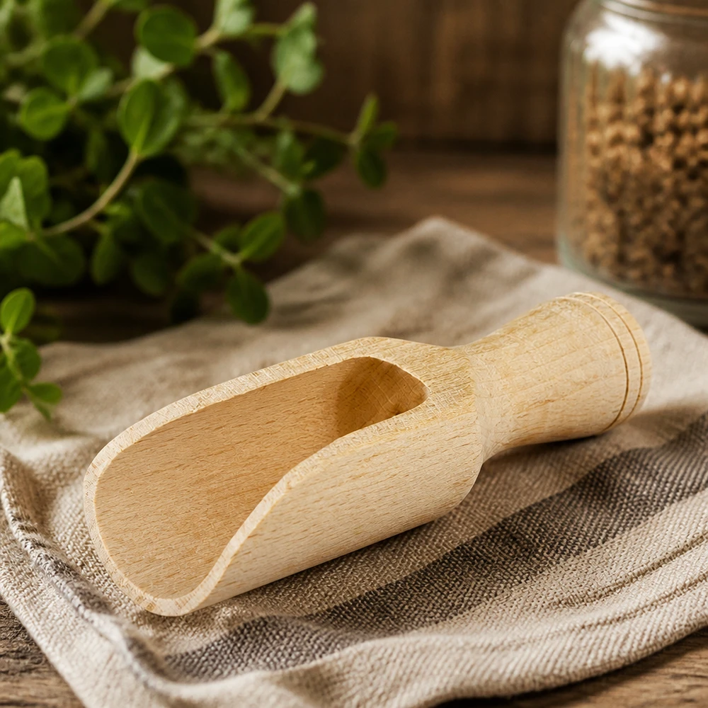 Paletta di legno taglia S a forma semicircolare lunga 7,5 cm Pala in legno S in legno di faggio 7,5 cm su panno di lino con vaso per erbe e spezie attrezzatura da cucina naturale