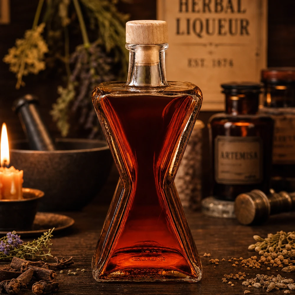 Bottiglia in vetro Star da 200 ml riempita con liquore alle erbe rosso - tappo in legno UNiTWIST in una suggestiva ambientazione da speziale
