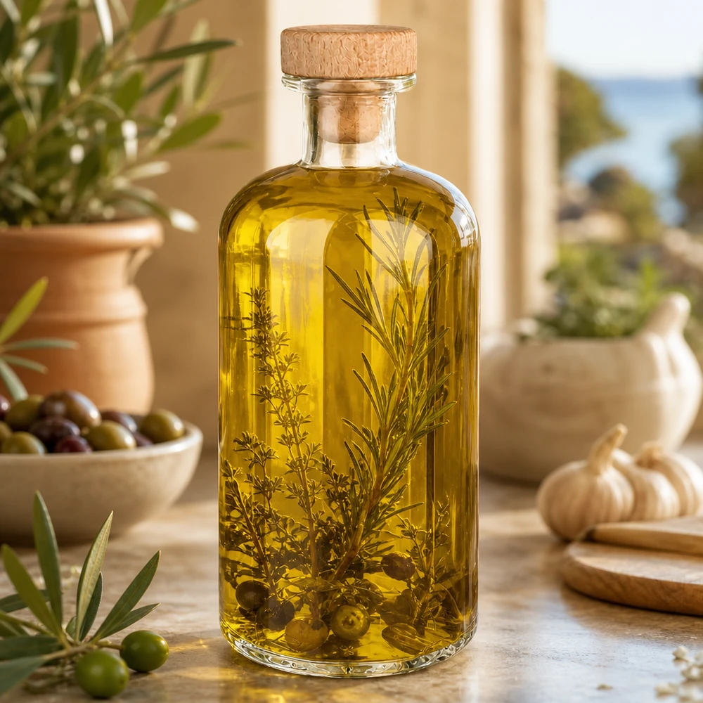 Bottiglia di vetro Flora 500ml riempita con olio alle erbe tra olive rosmarino e aglio Ambiente cucina mediterranea