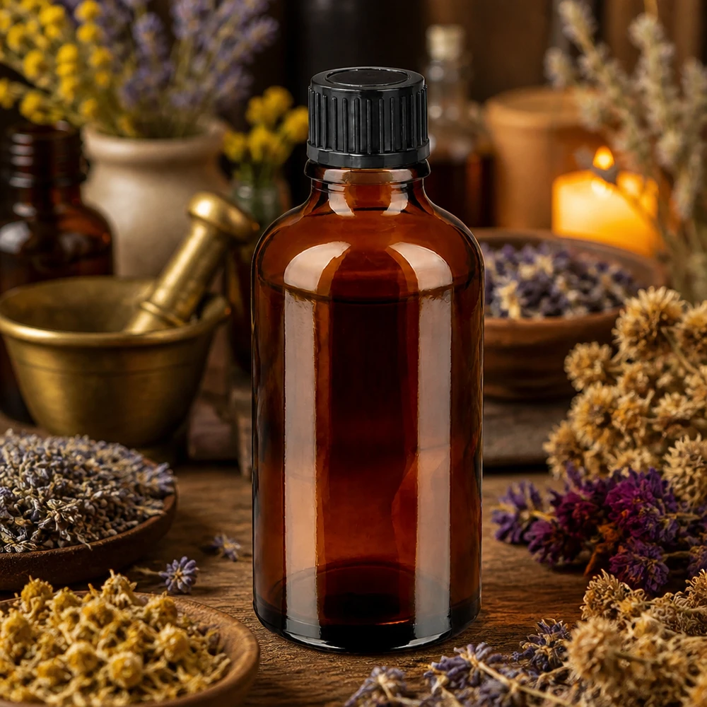 Petite bouteille de pharmacie de 50ml en verre brun avec bouchon noir pour la médecine naturelle
