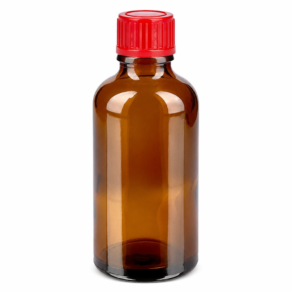 50ml Flasche 11mm Schraubverschluss rot Standard BrownLine UT18/50 Hochwertige 50ml Glasflasche braun mit rotem 11mm Verschluss für pharmazeutische Anwendungen