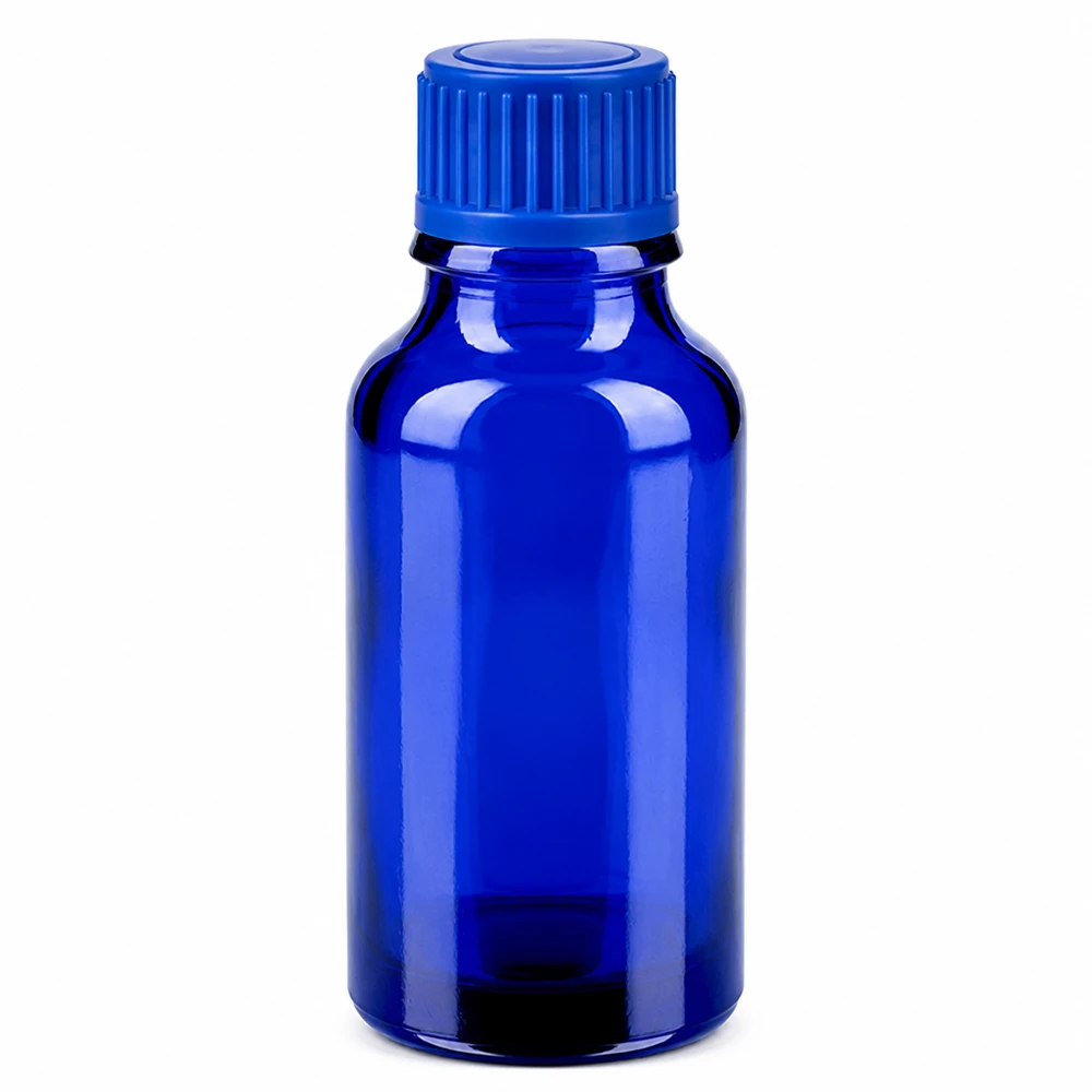 Flacone in vetro blu da 20 ml con tappo a vite da 11 mm per oli essenziali ed essenze