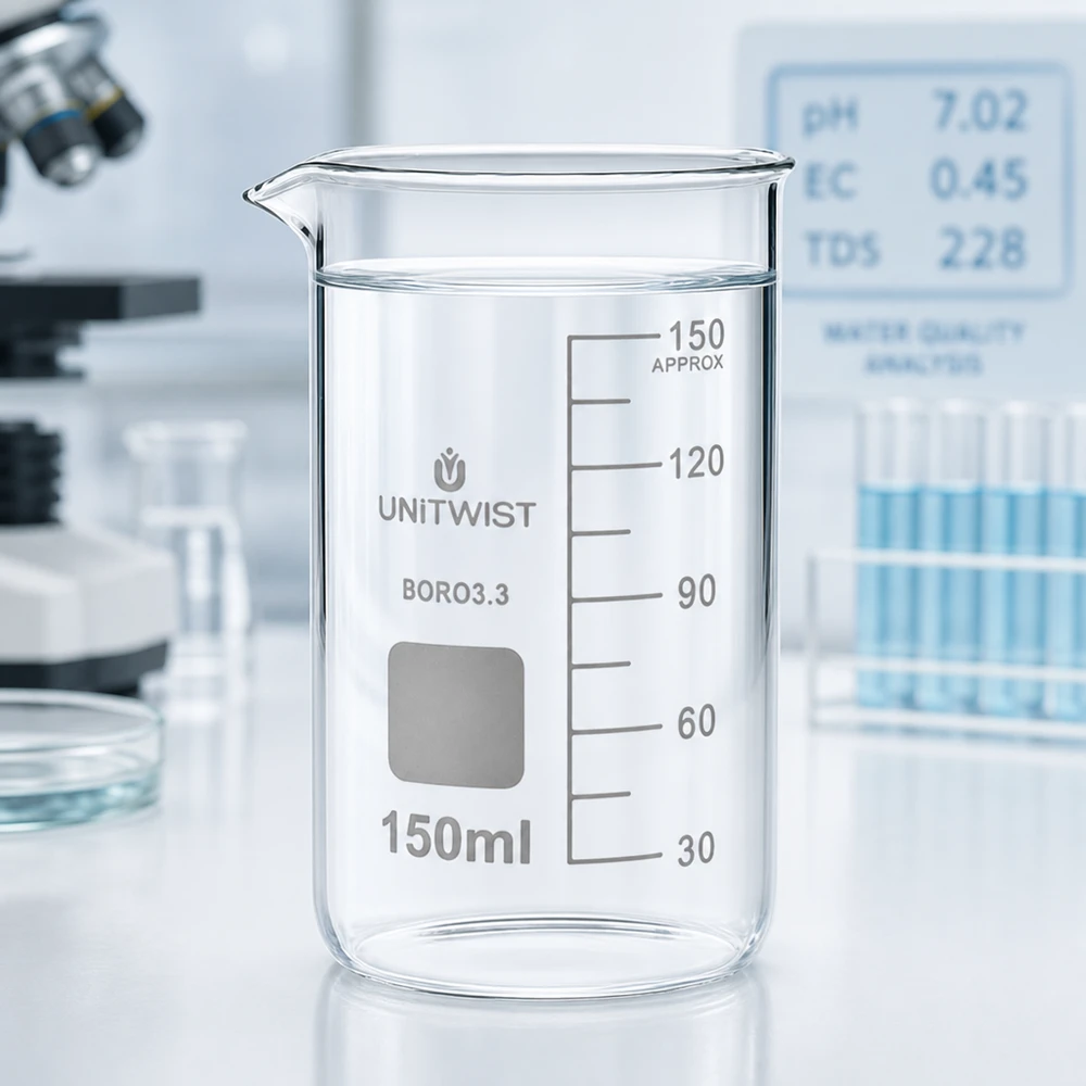 Bicchiere 150ml in borosilicato, forma alta UNITWIST UNITWIST Bicchiere da laboratorio da 150 ml, forma alta, borosilicato 3.3, con acqua limpida e scala di misurazione