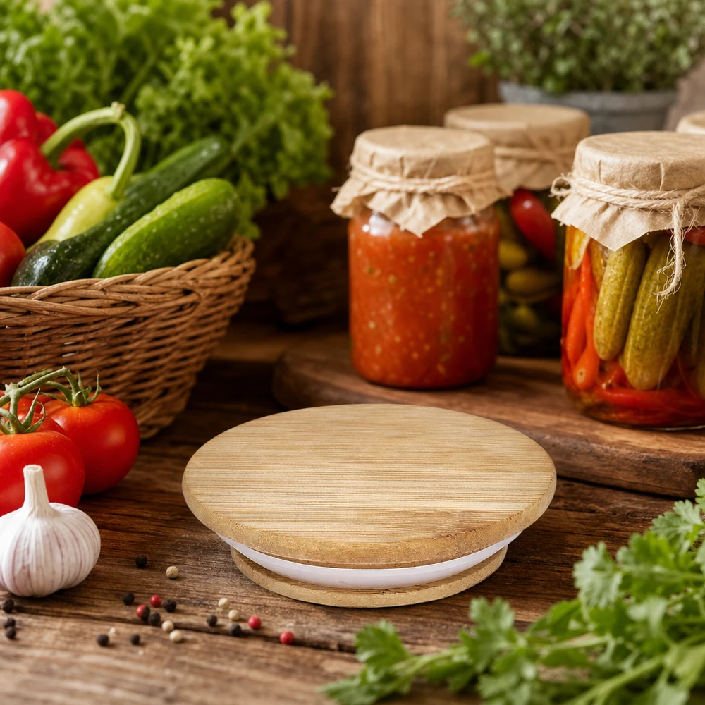 Coperchio in legno versione "A" per WECK RR60 Coperchio in legno WECK RR60 in un ambiente di cucina rustica con verdure sottaceto e ingredienti freschi su un tavolo di legno